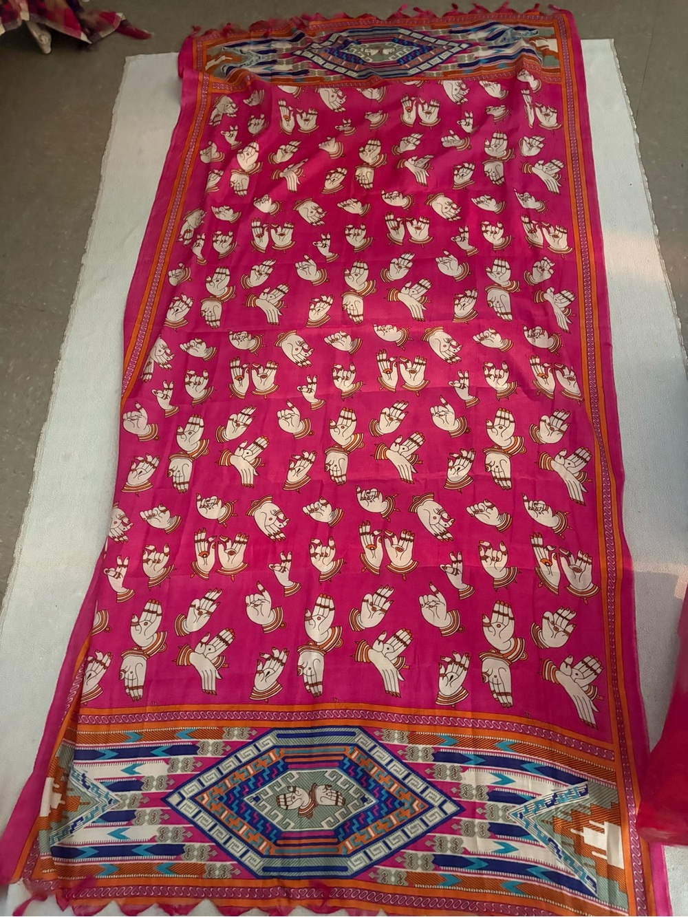 Tussar Silk Pink Hand Mudra Geometric Aztec Border Saree Silk Home Accent RARE